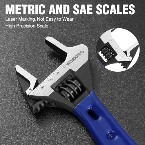 WORKPRO 4-Inch Stubby Adjustable Wrench, 0.94-Inch Extra Wide Jaw Opening Wrench, Metric/SAE Scales, Cr-V Steel, Ideal for...