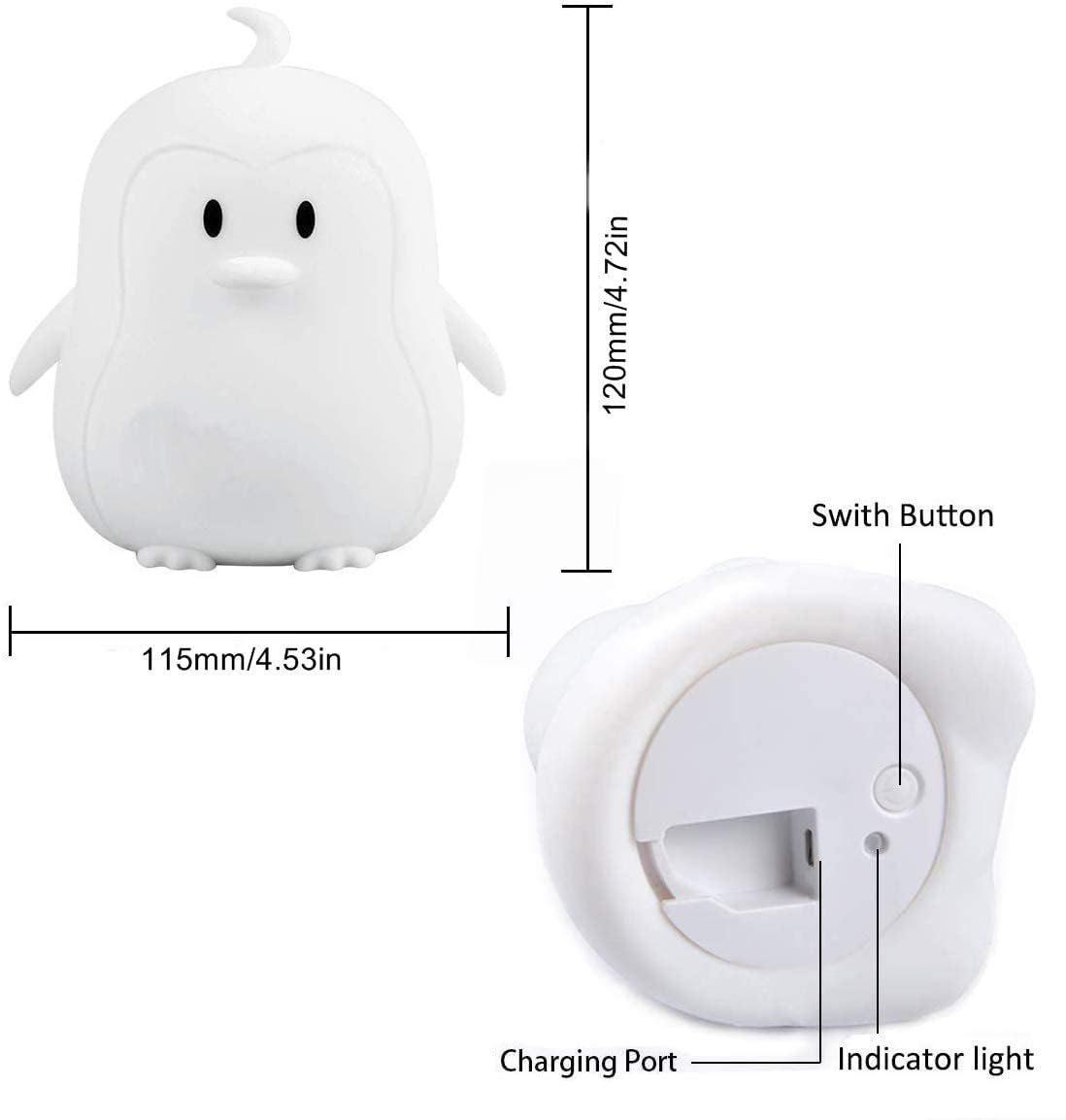 Tekemai LED Night Light, Silicone Penguin Lamp - 9 Colors, USB Rechargeable, Remote Control, Dimmable, White, Model TC886-4