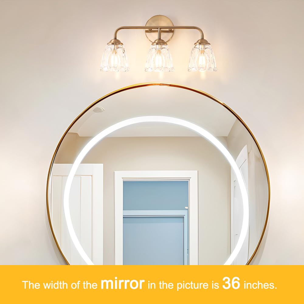 Daunton 3-Light Bathroom Vanity Light Gold  Vintage Vanity Light Fixtures Over Mirror  Brass Bathroom Light With Flower Glass Shade  Art Deco Wall Sconce Lighting For Bedroom  Living Room