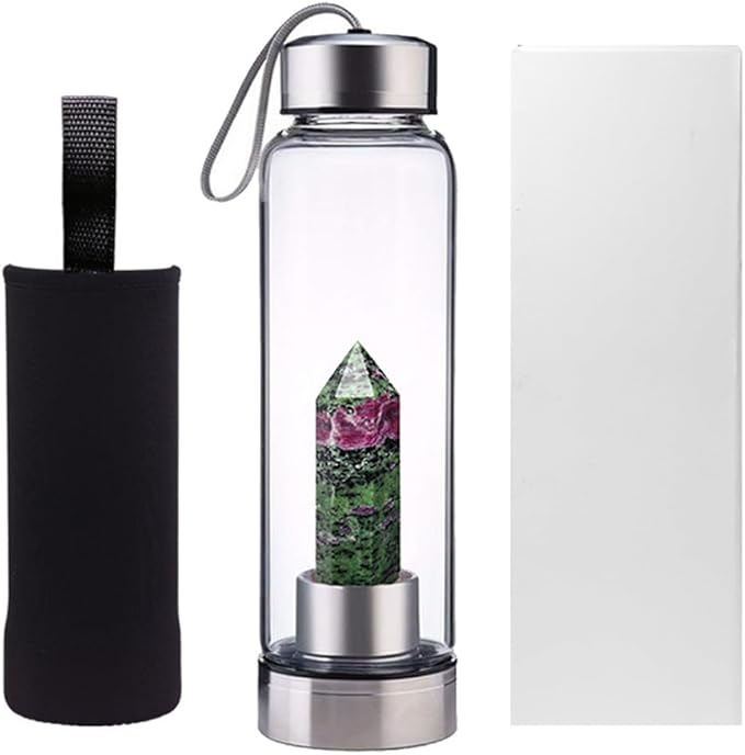 Crystal Glass Water Bottle,Water Bottle With Gemstone Center Crystal Elixir Bottle,Removable Gemstones Creative Water Cup Crystal Column Magic Wand Energy Cup for Gifts (D-Red Green Treasure)