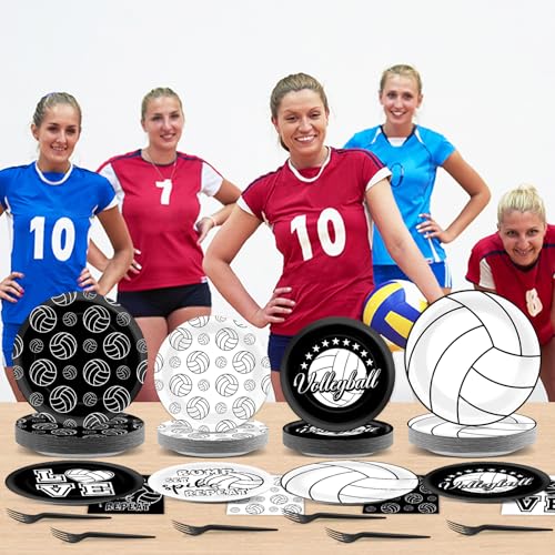 96Pcs Volleyball Birthday Party Decorations Volleyball Paper Plates Napkins Sports Themed Dessert Cake Tableware Set Black...