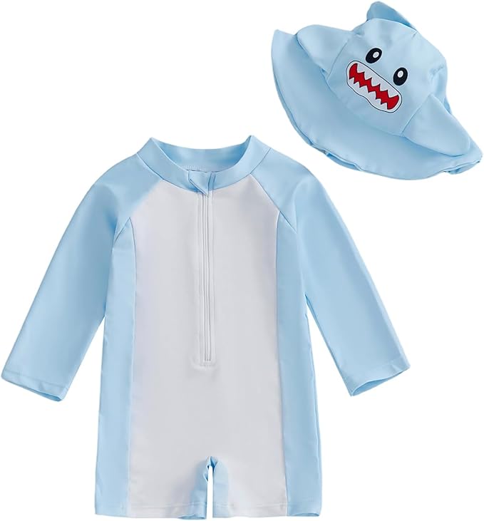 Baby Boy Rash Guard Swimsuit Color Block Long Sleeve Zipper One Piece Swimwear Toddler Bathing Suit ＋ Shark Sun Cap