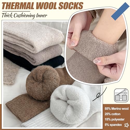 EBMORE 5 Pairs Women Merino Wool Boot Socks Warm Thermal Winter Thick Hiking Cozy Cabin Crew Comfy Socks for Ladies