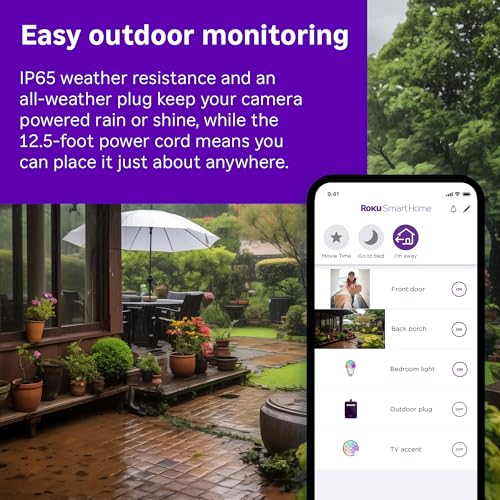 Roku Outdoor Camera - Home Security - IP65 Weather Resistant Wired Security Camera & Pet Monitor with 1080p HD Night Visio...