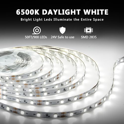 dalattin White LED Strip Lights 50ft Dimmable Bright 24V Led Light Strip 6500K Daylight White 900 LEDs Lights for Bedroom,...