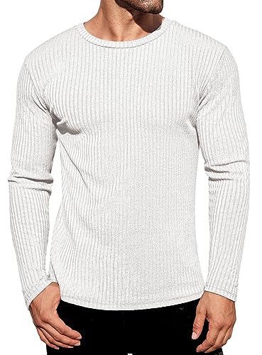 Ekouaer Men's Long Sleeve Shirts Ribbed Pullover Tees Sim Fit Thermal Tops Crew Neck Stretchy Undershirts S-3XL