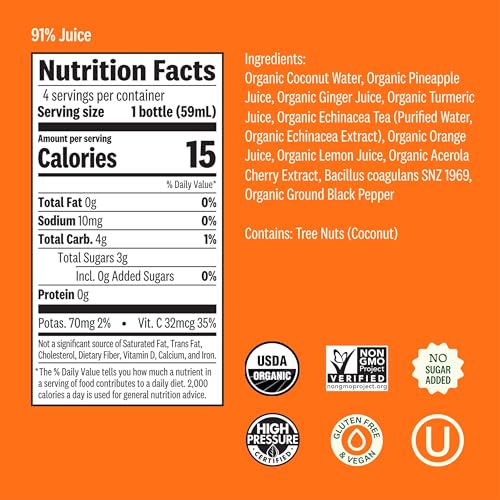 Suja Organic Immunity Defense Shot (2 Fl Oz x 4 Count) with Turmeric and Ginger | Immunity Boost & Support | Functional Sh...