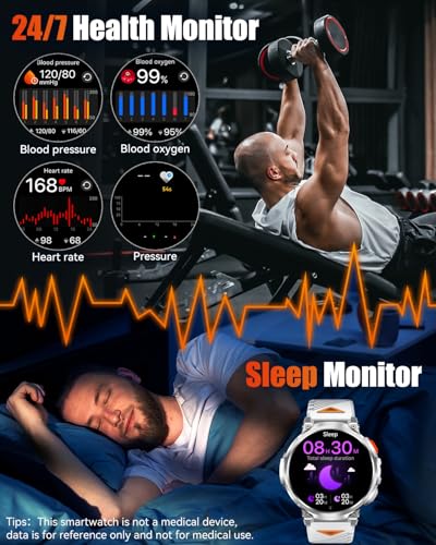 PODOEIL 1.85" Big Screen Military Smart Watch for Men with Flashlight, 730mAh Large Battery, IP68 Waterproof, Bluetooth Ca...