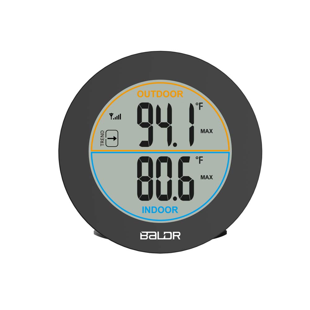BALDR Wireless Indoor Outdoor Thermometer - 2.5” LCD Display Digital Thermometer for Home - Surface or Wall Thermometers Indoor & Outdoor Weather Station, Wireless Remote Transmitter Included (Black)