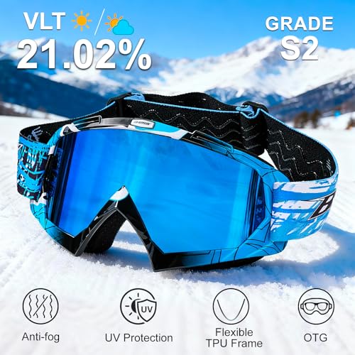 BATFOX Anti Fog Ski Goggles OTG for Adults & Kids, Snowboard Goggles with 100% UV Protection & Anti-Slip Fit for Skiing