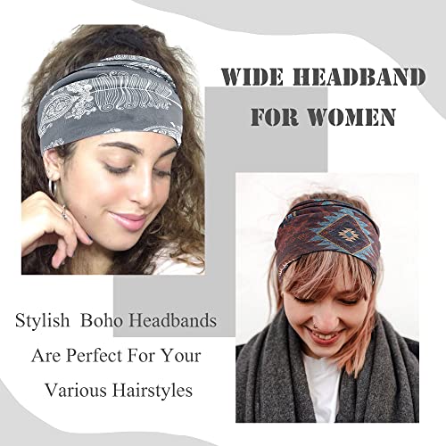 FULZTEY Boho Headbands for Women Vintage Elastic Fabric Printed Hair Bands Workout Wide Knot Sweatbands Soft Cotton Headwr...