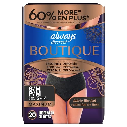 Always Discreet Boutique Incontinence and Postpartum Underwear for Women, Maximum Protection, Small/Medium, Black, 20 Count