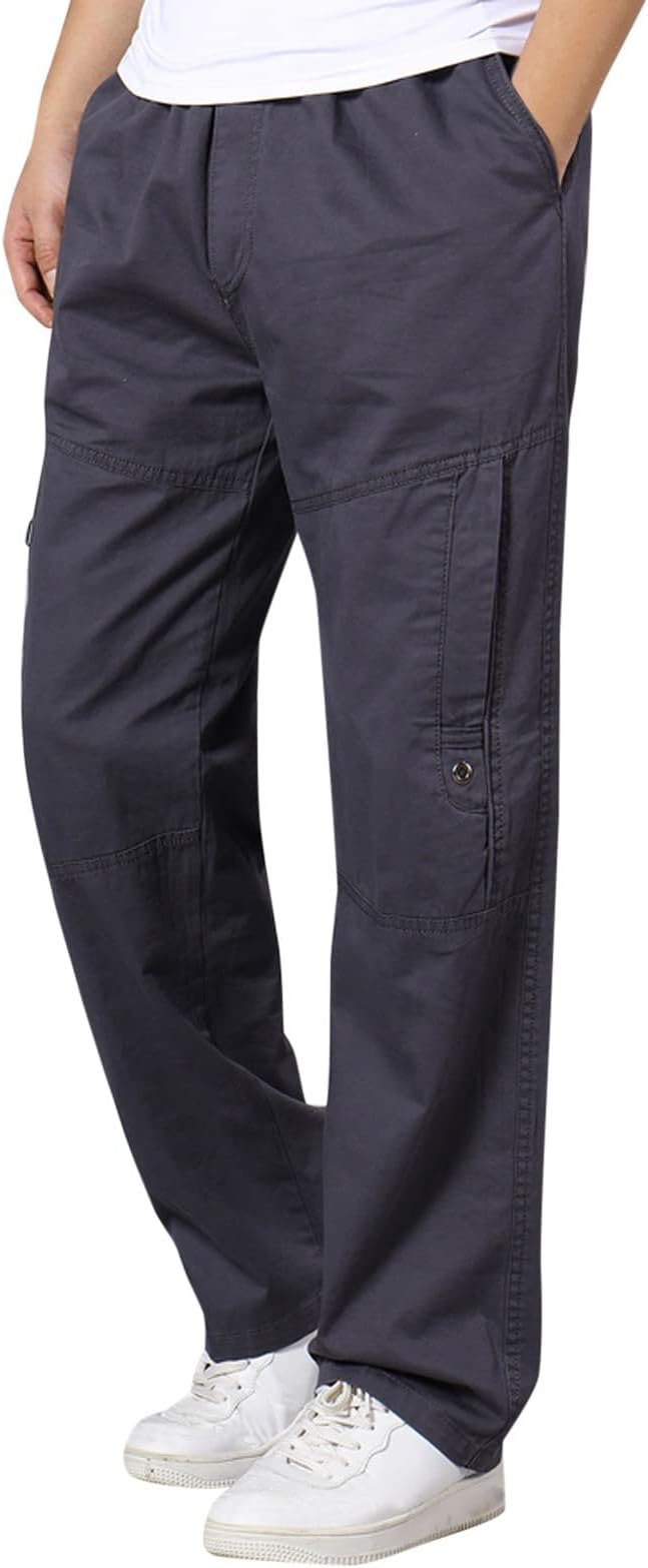 Men Plus Size Cargo Pants Casual Elastic Waisted Trendy Comfort Pants Lightweight Cotton Outdoor Hiking Straight Leg Trousers