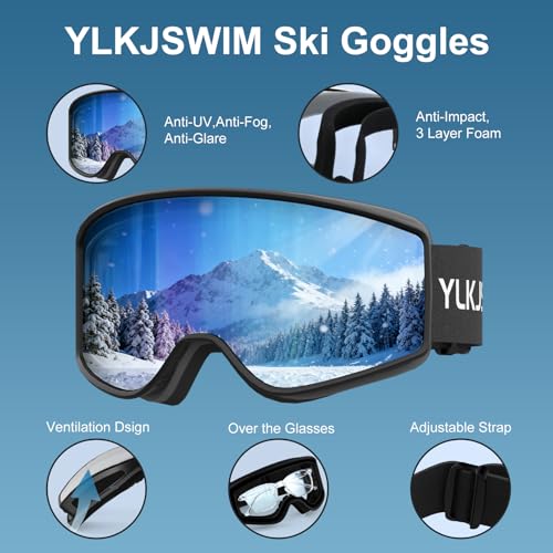 YLKJSWIM Kids Ski Goggles, OTG Snow Goggles, 100% UV Protection Snowboard Goggles for Boys & Girls, Snowmobile, Dog Sledding