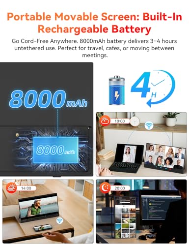 Wireless Portable Monitor Battery-Powered, Support AirPlay Miracast, 15.6" 1080P IPS Monitor USB-C HDMI External Display, ...