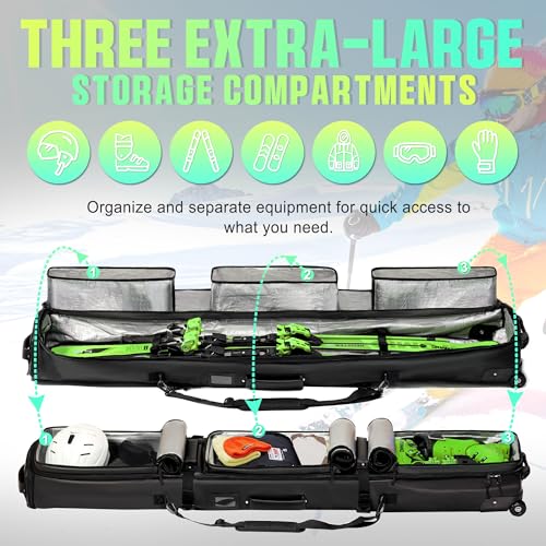 Double Rolling Ski Bag Padded Waterproof Snowboard Bag with Wheels for Air Travel Wheeled Ski Bag for Snowboard or Skis Ac...