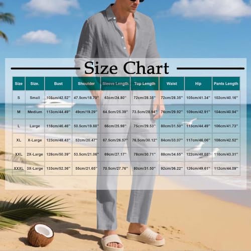 Cambkatl Men's Linen Beach Travel Outfits Long Sleeve Casual Button Down Shirt Matching 2 Piece Tracksuit Sets with Pockets