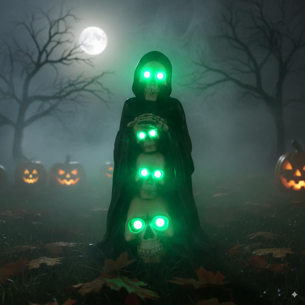 JJALIGHTS Grim Reaper Skull Halloween Decor 7 - Solar Powered Resin Statue, Unique Skeleton Head & Skulls Garden Decor, Ideal Gi