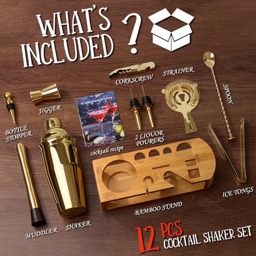 Cocktail Shaker Set Bartender Kit : 12-Piece Bar Tool Set with Bamboo Stand | Bars Set with All Practical Bar Accessories,...