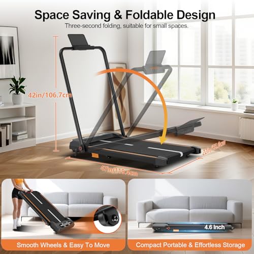 Incline Walking Pad Treadmill, 2.5HP Foldable Walking Pads, Compact Treadmill for Small Spaces Home Office with Handle Bar...