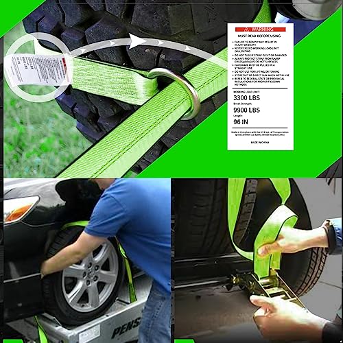 Digank Heavy Duty Car Tie Down Straps (4PK) - 2" x 96" - 3,300 lbs Safe Working Load - Wheel Straps Comes with 5/16" Tow H...