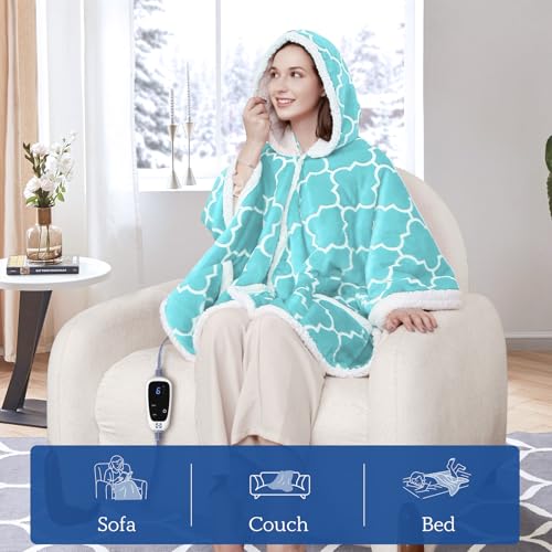 Sealy Wearable Heated Throw Blanket, Flannel & Sherpa Electric Throw Shawl Poncho with Hoodie & Pocket, 6 Heating Levels &...