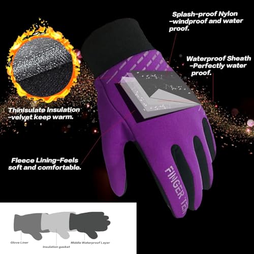 FINGER TEN Kids Winter Gloves Warm Waterproof with Free Neck Warmer Boys Girls Touchscreen for Cold Weather Outdoor Sports