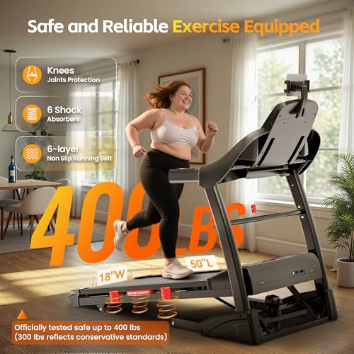 400 lbs Capacity Treadmill for Home with 15% Incline, 5.0 HP Folding Treadmill for Exercising, 0.6–10 MPH, APP Control, Sh...
