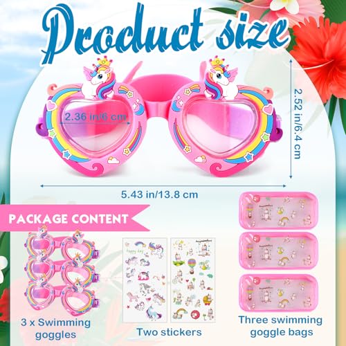 Kingdder 3 Set Unicorn Swim Goggles for Girls Aged 4-12 Swim Goggles with Stickers and Pink Cases, Anti-fog, UV Protectio...