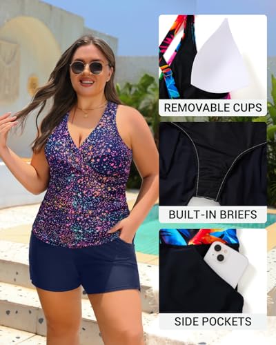Daci Plus Size Tankini Swimsuit for Women - Two Piece Tummy Control Bathing Suit Tankini Top with Two Pockets Shorts
