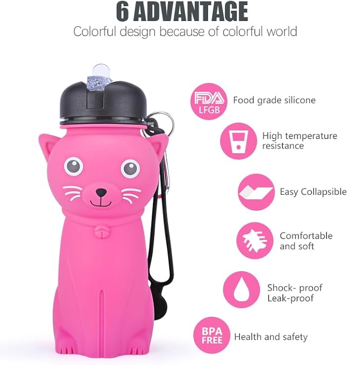 Cat Water Bottle,Collapsible Water Bottle for Kids,Cute Water Bottles -kawaii Cat Appearance - Portable Leak Proof with Roll Up Foldable Silicone Features for Sports，BPA Free (pink)