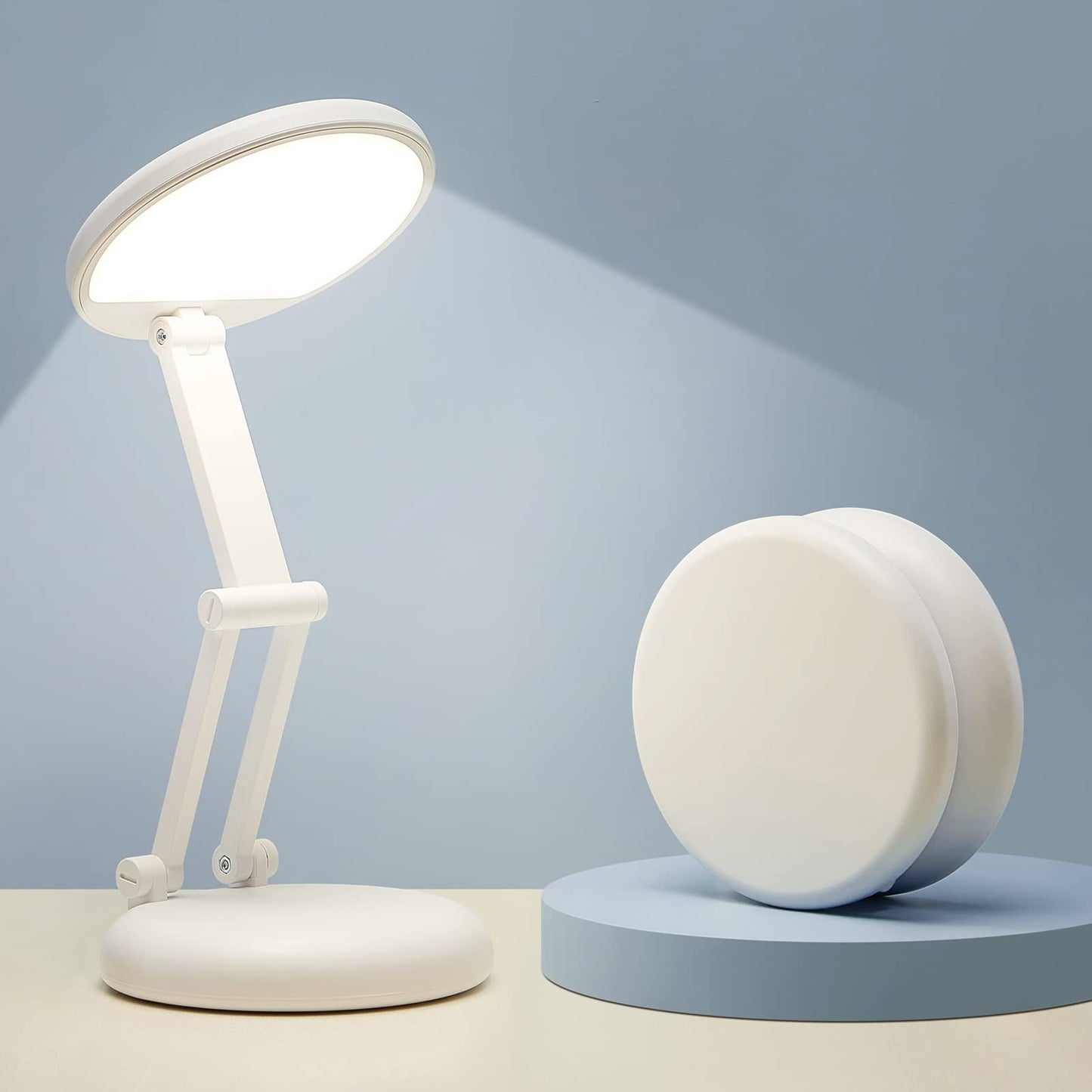 One Fire Battery Operated Desk Lamp, Small, Foldable & Portable, Dimmable, White Wood