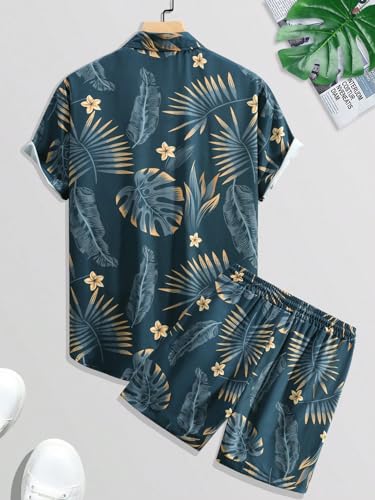WDIRARA Men's 2 Piece Beach Outfits Tropical Floral Print Short Sleeve Button Shirt and Shorts Set