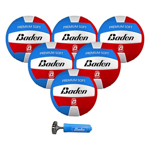 Baden Premium Soft Synthetic Leather Official Size & Weight Outdoor Volleyball 6 Pack with Pump