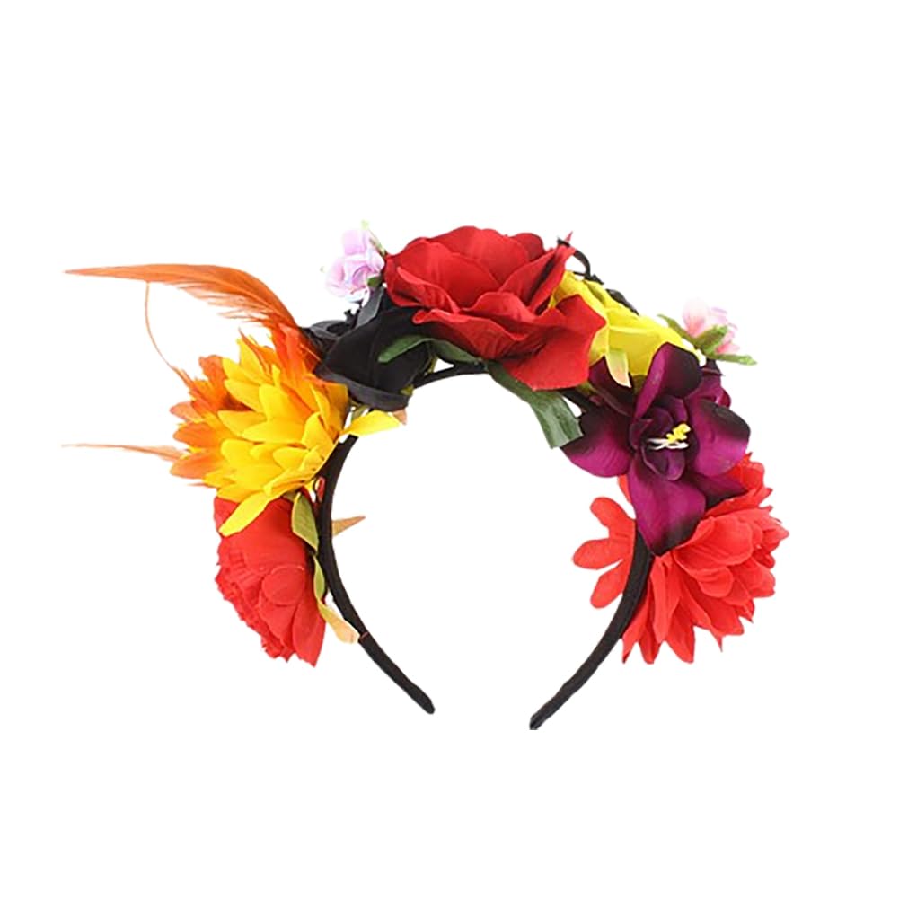 Lofruiin Women's Bohemian Rose Flower Crown Mexican Day of The Dead Headband Halloween Party Costume Headpiece (Red, Free)