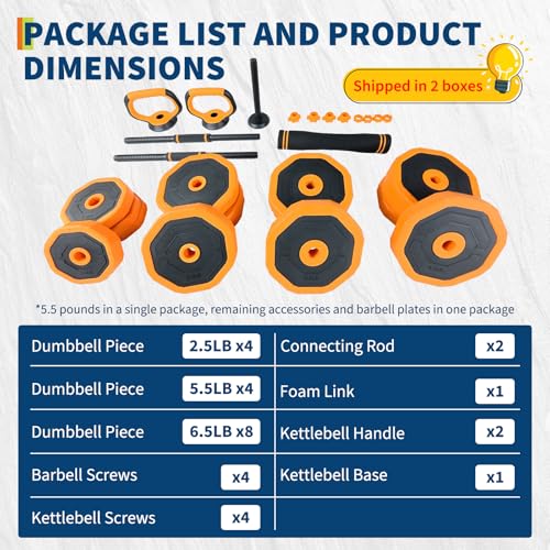 Adjustable Dumbbell Set, 44/66/88 LBS 4-In-1 Home Gym Weights with Connector As Dumbbell, Kettlebell,Barbell for Strength ...