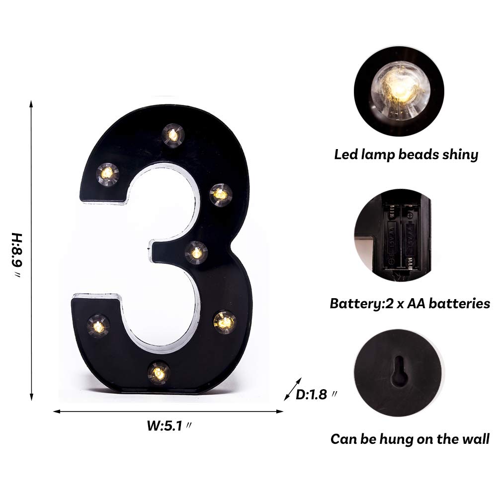 Foaky LED Marquee Number Lights Sign - Battery Powered, Plastic, Black - Night Light for Weddings, Birthdays, Home Bar Decoration