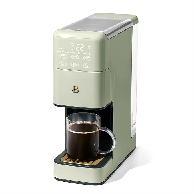 Beautiful Perfect Grind Programmable Single Serve Coffee Maker with Touch-activated Display, Programmable and Integrated Burr Grinder, 64oz Water Reservoir (Sage Green)