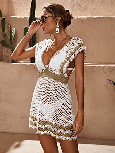 GORGLITTER Women's Crochet Hollow Out Cover Up Dress V Neck Cap Sleeve Beach Coverups Swimsuit