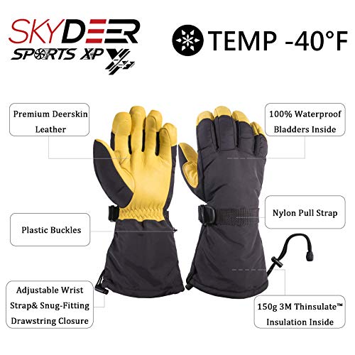 SKYDEER Waterproof and Windproof Genuine Deerskin Leather Ski Gloves with 150G 3M Thinsulate Insulation (SD8648T)