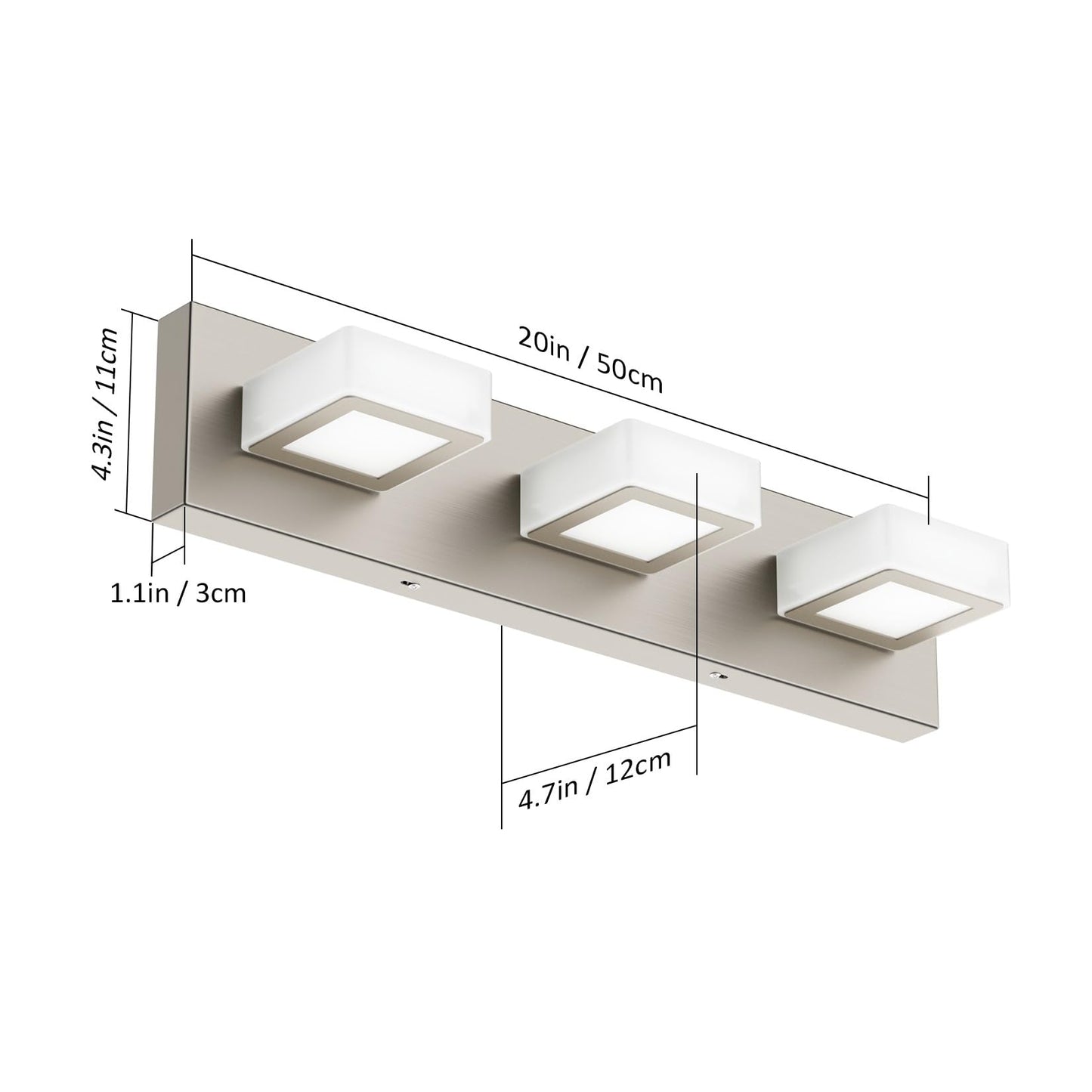 Ralbay 3-Light Bathroom Vanity Lights, Brushed Nickel, Metal, 20 inch, Model 8590, LED Modern Wall Lighting Fixtures