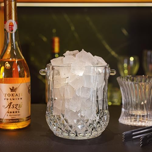Glass Ice Bucket with Handle and Ice Tong Holds 37oz of Ice Clear Crystal Ice Buckets for Cocktail Bar Wine Home Bar Acces...