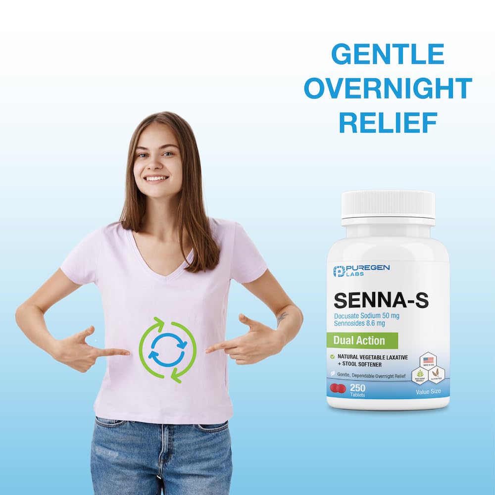Puregen Labs Senna-S Natural Vegetable Laxative Plus Stool Softener Dual Action - Total 500 Tablets Senna Plus | Gentle Dependable Overnight Relief of Occasional Constipation - 2Pack