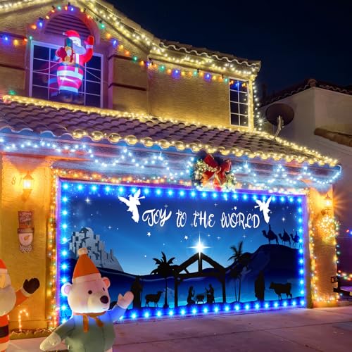 Ganeen 6.4x16 ft LED 2025 Christmas Garage Door Banner String Light Large Rustic Xmas Garage Door Decorations Xmas Banner ...