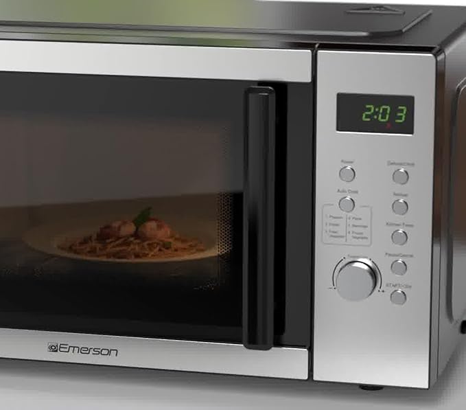 Emerson MW9005SS Compact Countertop Microwave Oven with Push Button Control, LED Display, 900W, 5 Power Levels, 6 Auto Menus, Glass Turntable and Child Safe Lock, 0.9 Cu. Ft., Stainless Steel