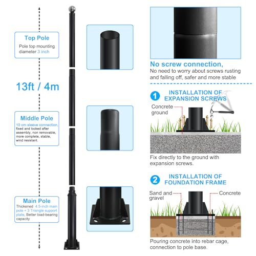 Street Light Pole 13ft Tall, Black Outdoor Galvanized Heavy-duty Metal Solar Street Lamp Post, Suitable for Outdoor Street...