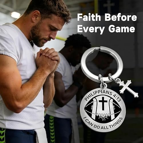 OFlyDesigns Christian Football Sports Keychain, Philippians 4:13 Engraved Inspirational Gift for Men Women Teens
