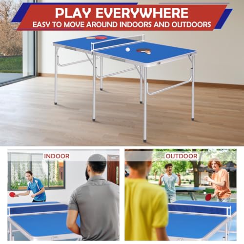 REAHOISY Mid-Size Portable Ping Pong Table, Compact Foldable Table Tennis Table Set w/Net, 2 Paddles & 2 Balls for Indoor ...