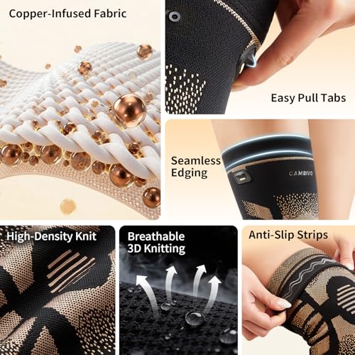 CAMBIVO 2 Pack Copper Knee Braces for Women and Men with Pull-Up Tabs, Knee Compression Sleeves for Knee Pain Relief, Knee...