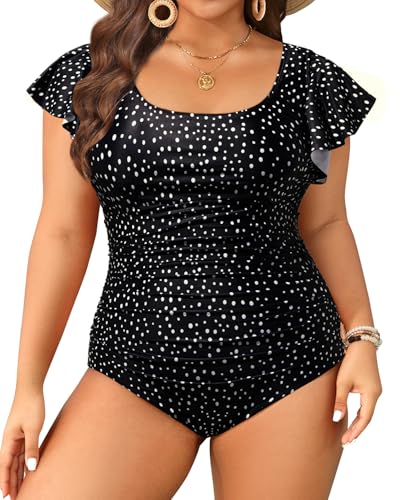 Plus Size One Piece Swimsuit - Women Tummy Control Bathing Suit Ruffle Vintage Swimwear with Sleeves